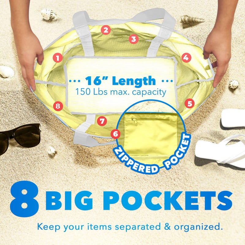 Dejaroo - Sand Free Mesh Bag - Strong Lightweight Tote For Beach & Vacation Essentials. Tons of Storage with 8 Pockets, Foldable, 17x9x15 inches, Yellow with White Straps - Image 3